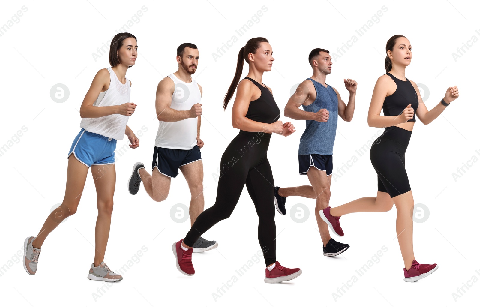 Image of People in sportswear running on white background