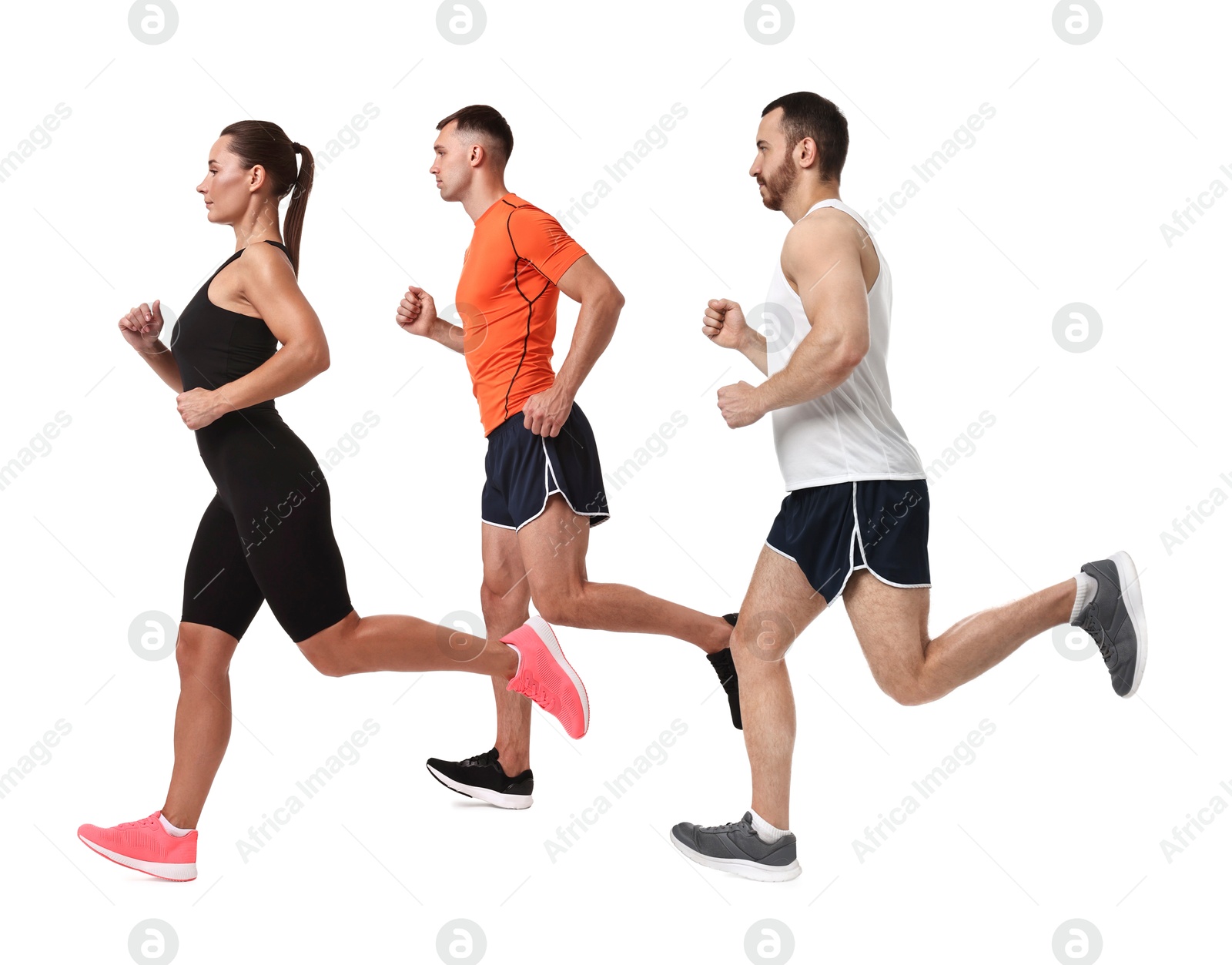 Image of People in sportswear running on white background