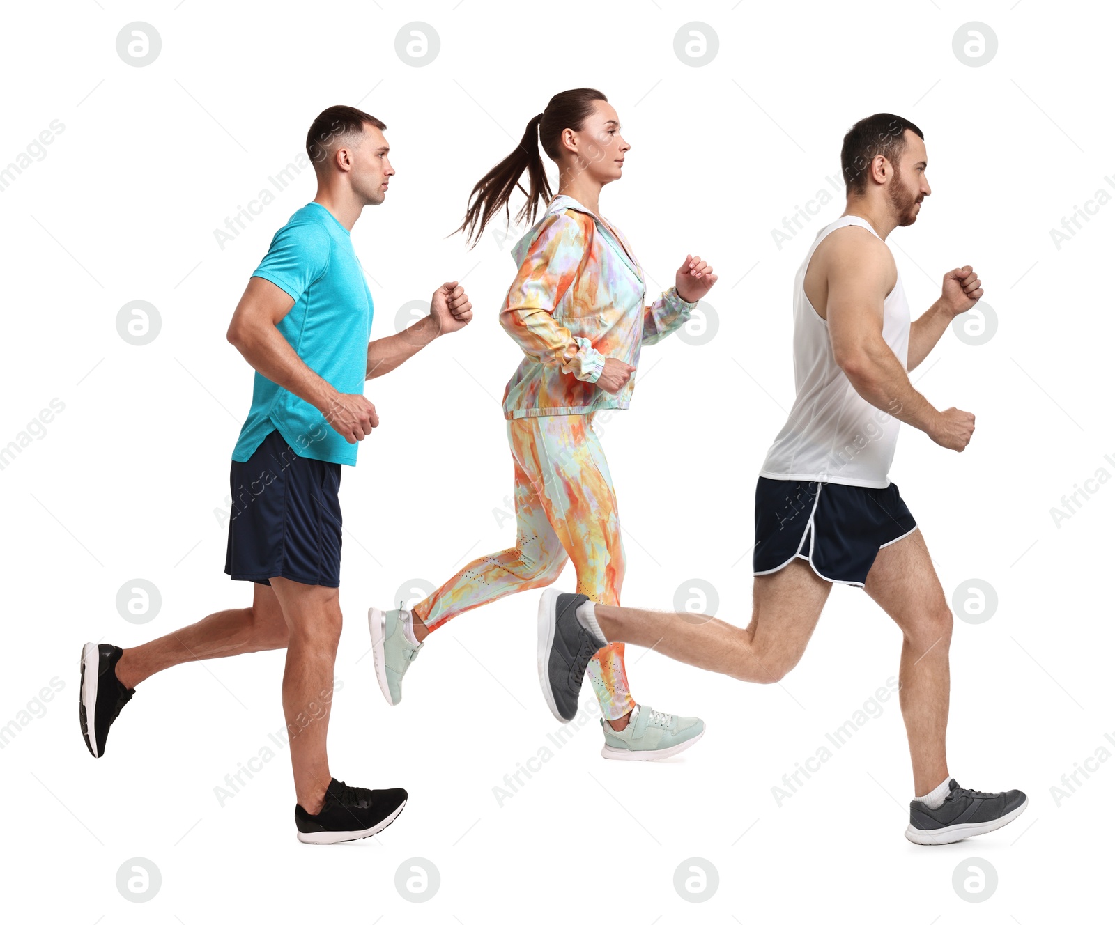 Image of People in sportswear running on white background