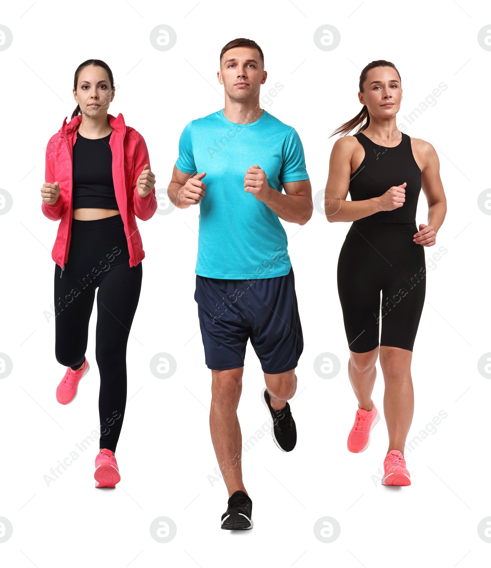 Image of People in sportswear running on white background