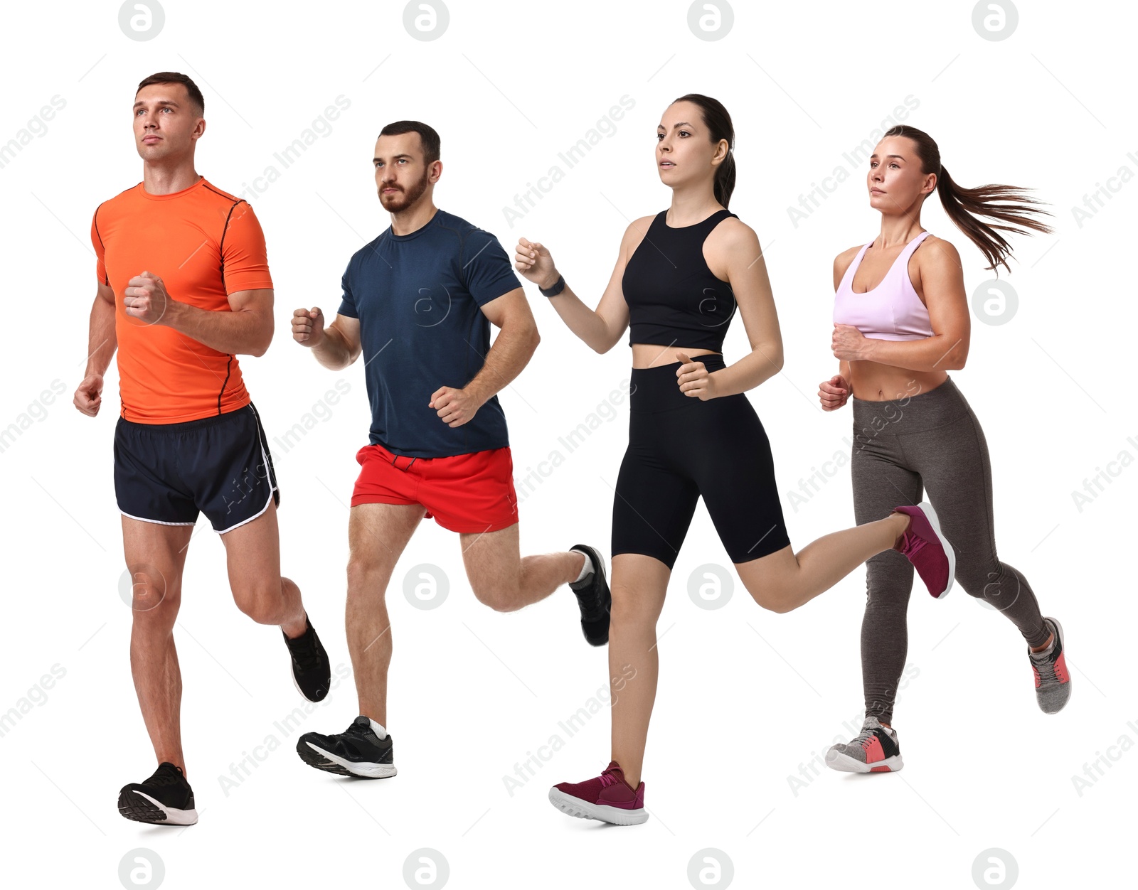 Image of People in sportswear running on white background