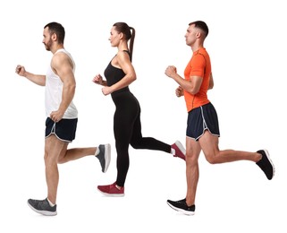 People in sportswear running on white background