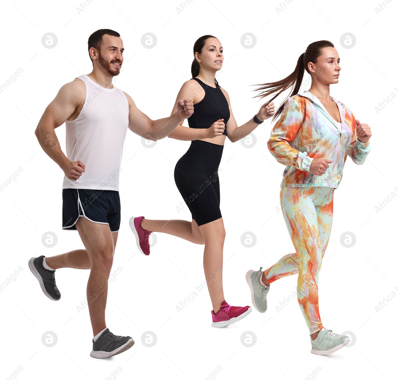 Image of People in sportswear running on white background