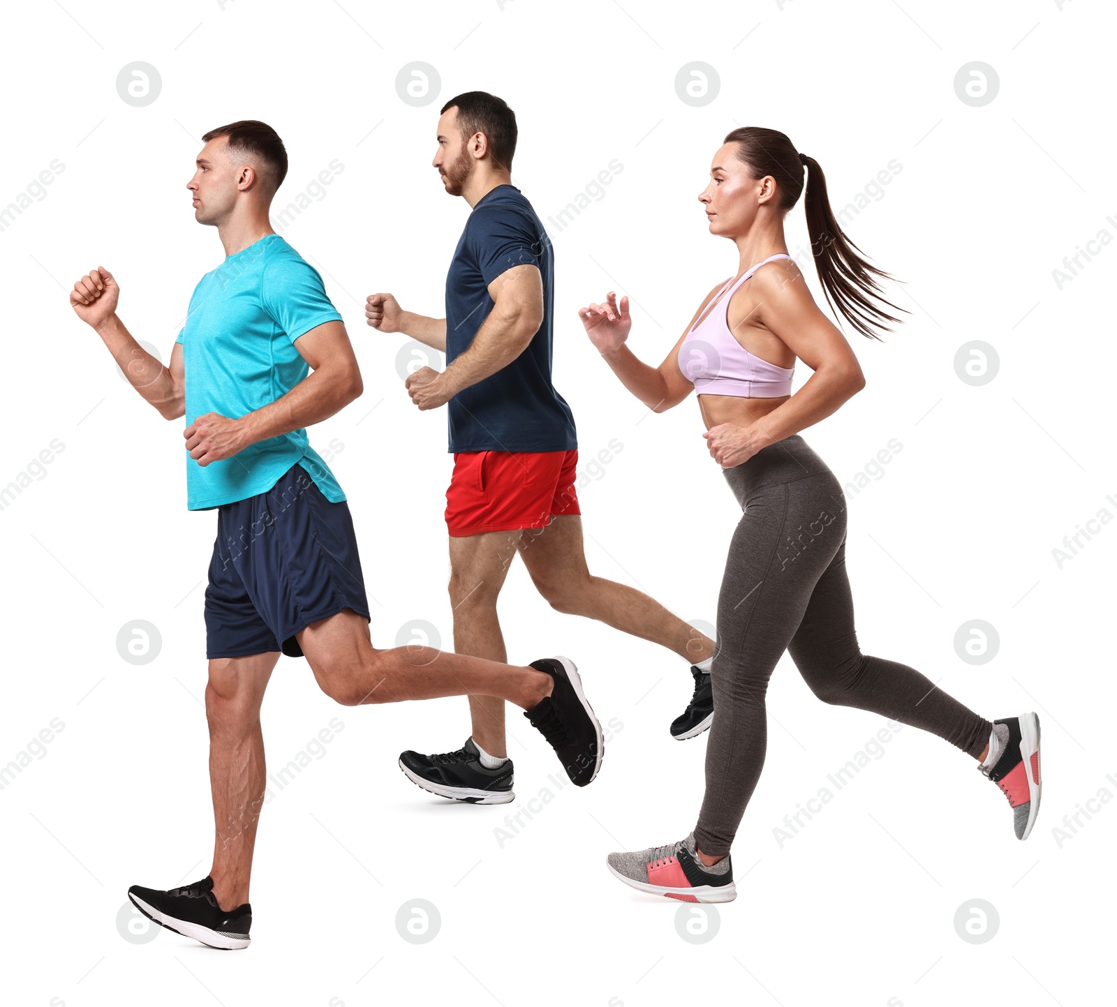 Image of People in sportswear running on white background