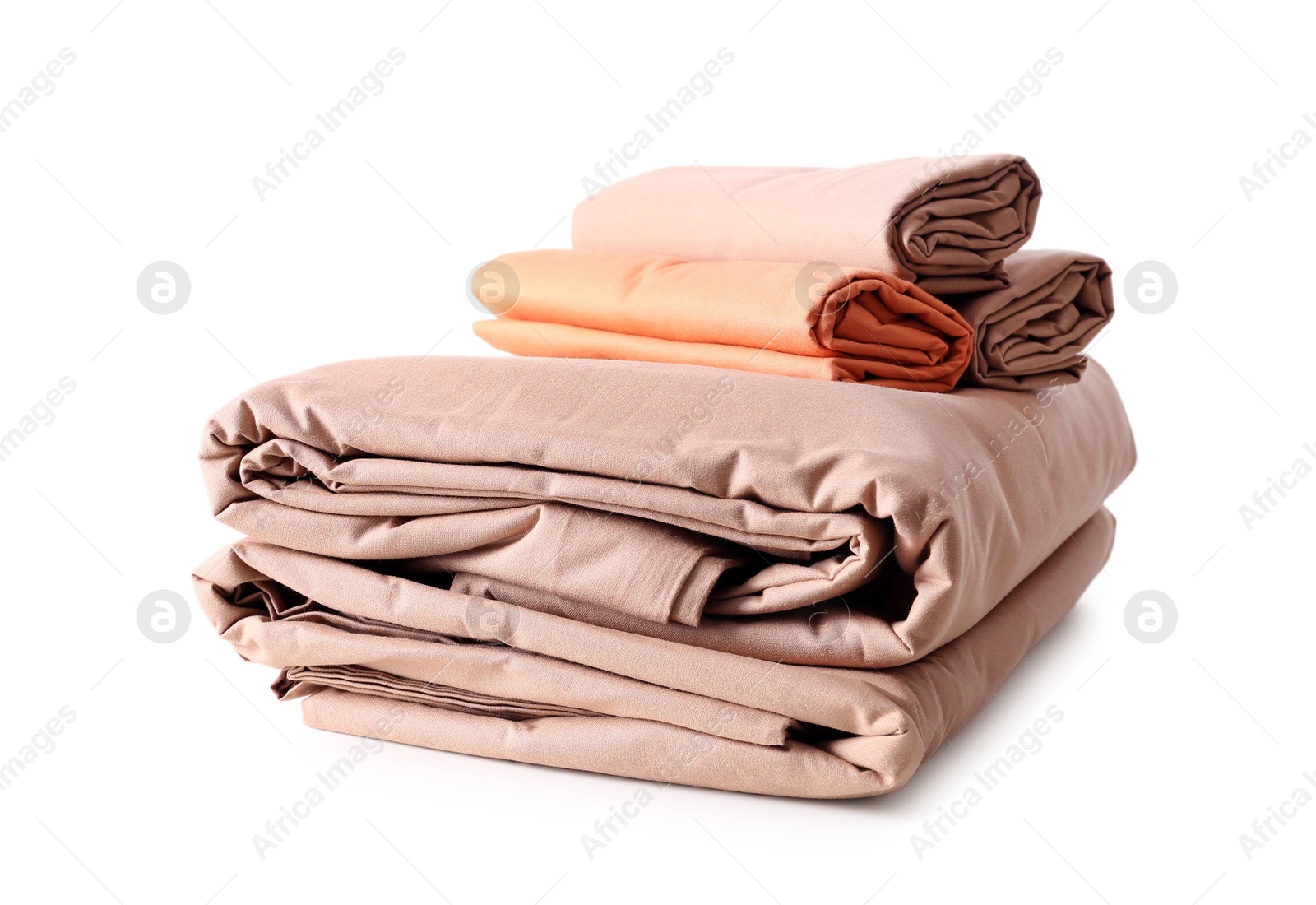 Photo of Stack of clean bed sheets isolated on white