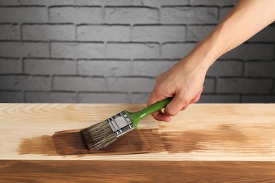 Man with brush applying walnut wood stain onto wooden surface, closeup