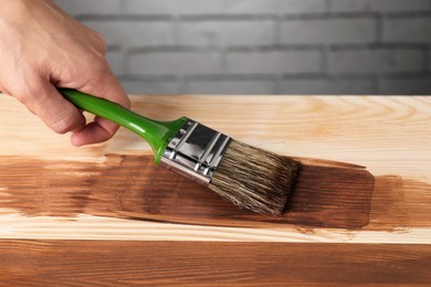 Man with brush applying walnut wood stain onto wooden surface, closeup