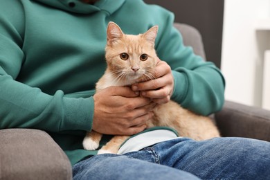 Photo of Man petting cute ginger cat on armchair at home, closeup