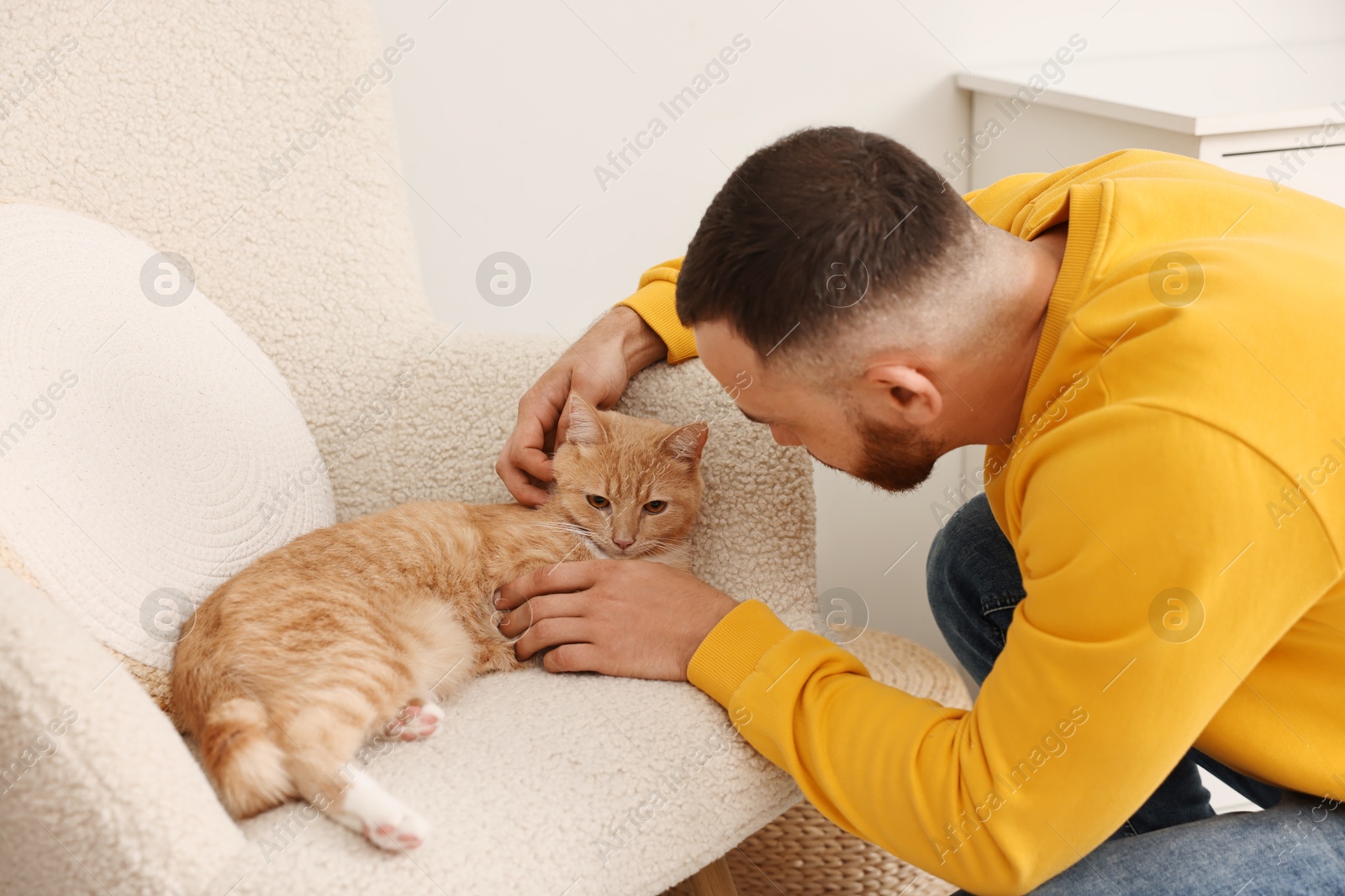 Photo of Man petting cute ginger cat on armchair at home