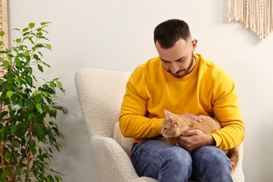 Man petting cute ginger cat on armchair at home