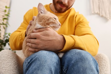 Photo of Man petting cute ginger cat on armchair at home, closeup