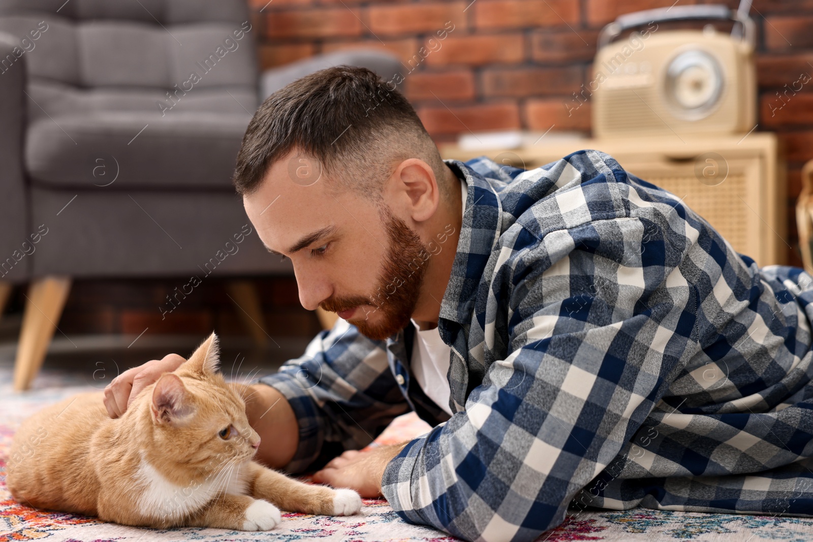 Photo of Man petting cute ginger cat on floor at home