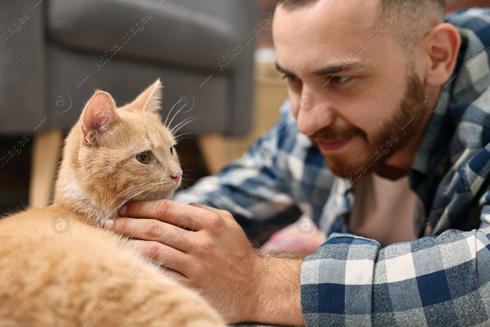 Photo of Man petting cute ginger cat on floor at home