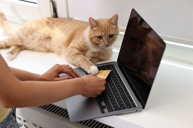 Photo of Online pet shop. Woman with laptop, credit card and cute cat making order at home, closeup