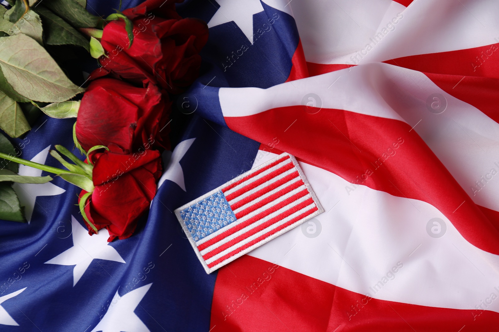 Photo of Veterans day. USA army patch and rose flowers on American flag, top view