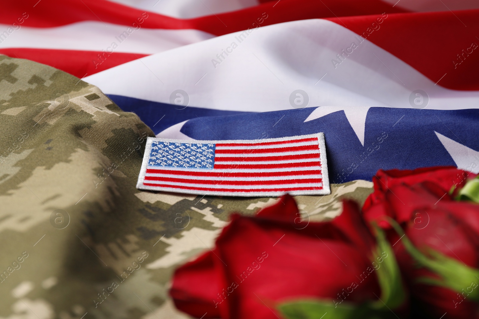 Photo of Veterans day. USA army patch, rose flowers and military uniform on American flag, closeup