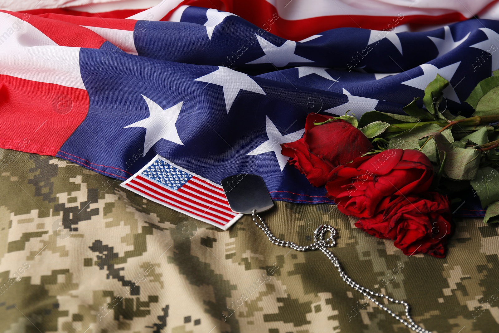 Photo of Veterans day. USA army patch, token, American flag, roses and military uniform, closeup