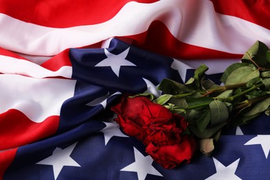 Photo of Veterans day. American flag and roses, top view