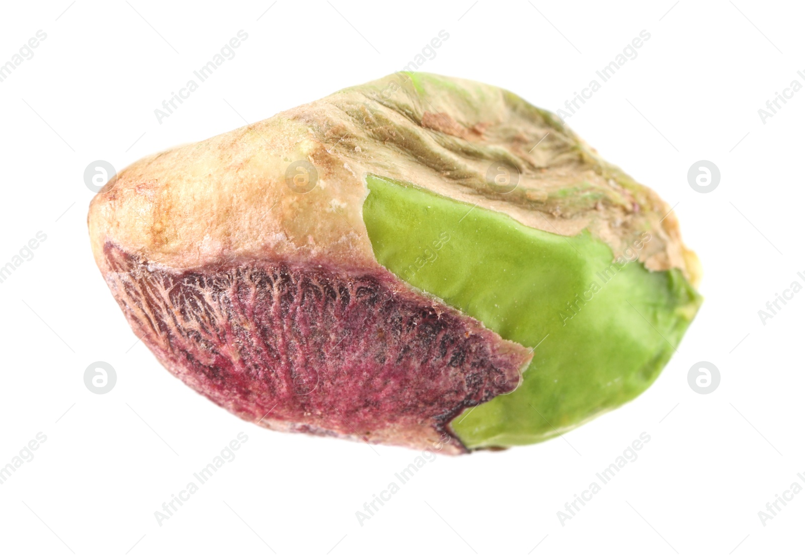 Photo of One peeled pistachio nut isolated on white