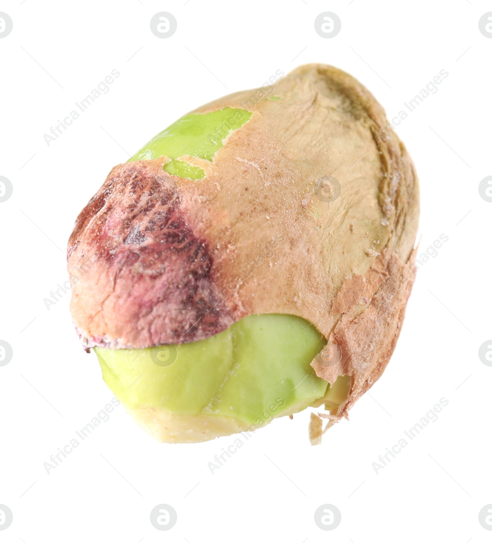 Photo of One peeled pistachio nut isolated on white