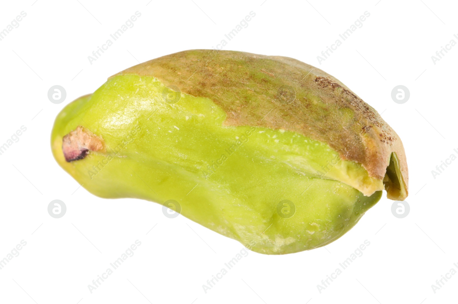 Photo of One peeled pistachio nut isolated on white