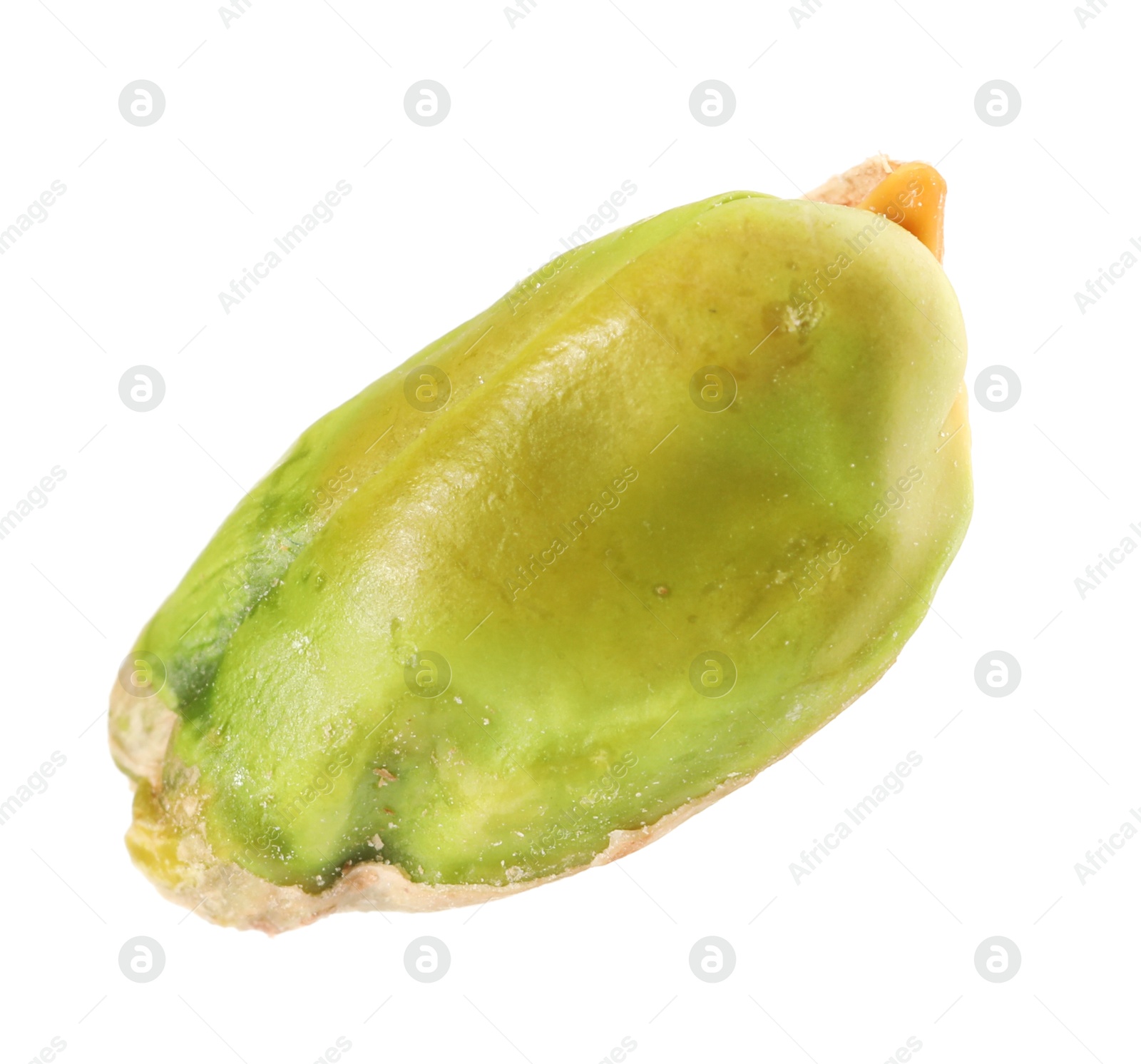 Photo of One peeled pistachio nut isolated on white