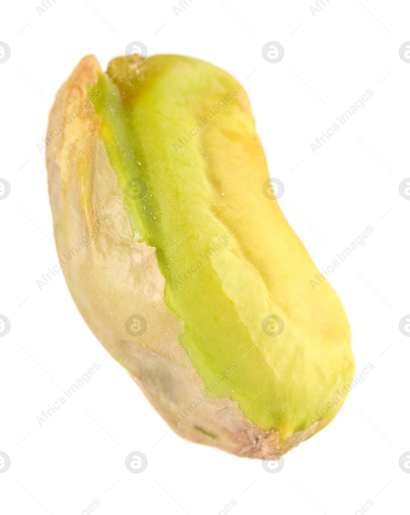 Photo of One peeled pistachio nut isolated on white