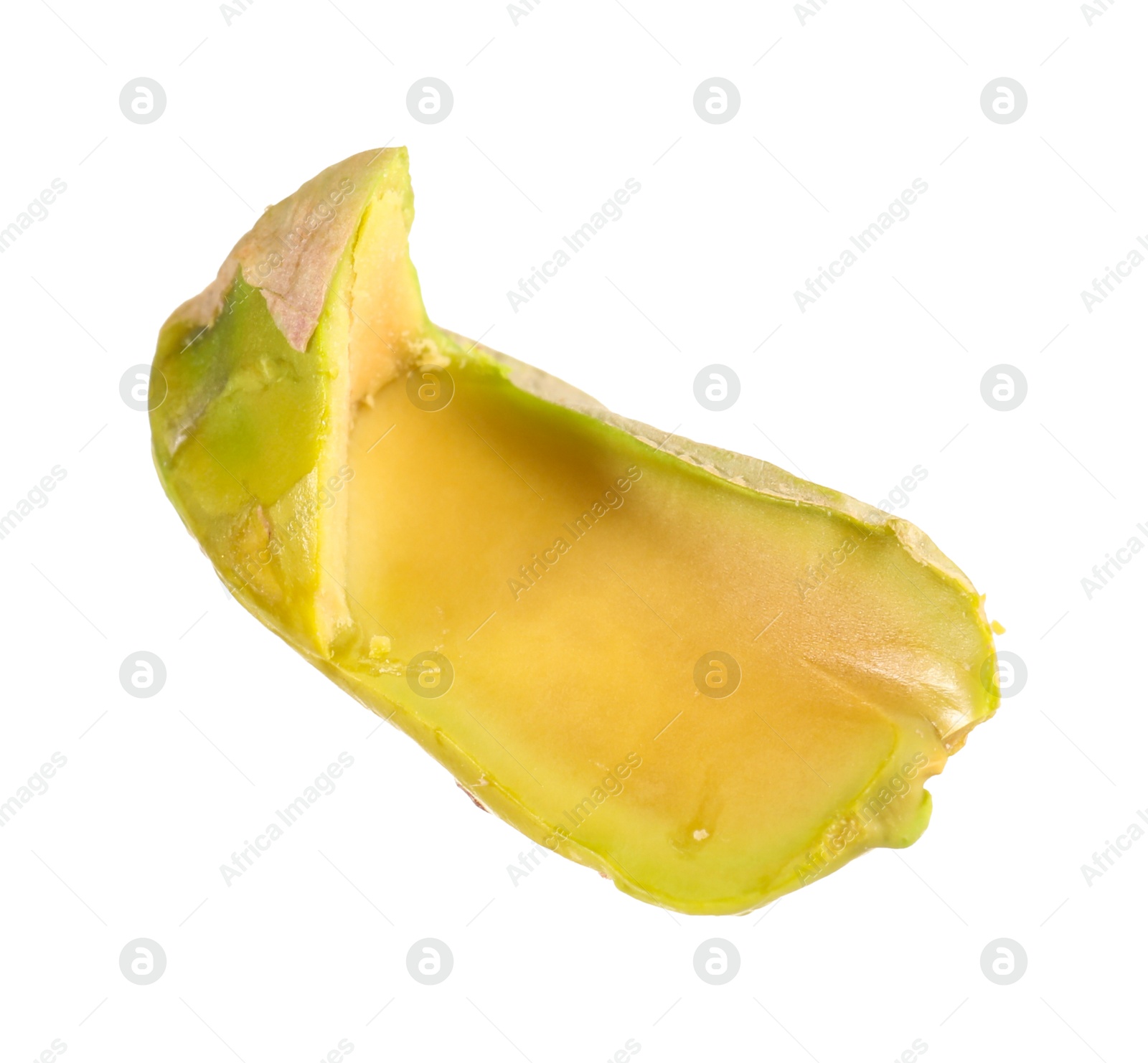 Photo of Half of peeled pistachio nut isolated on white