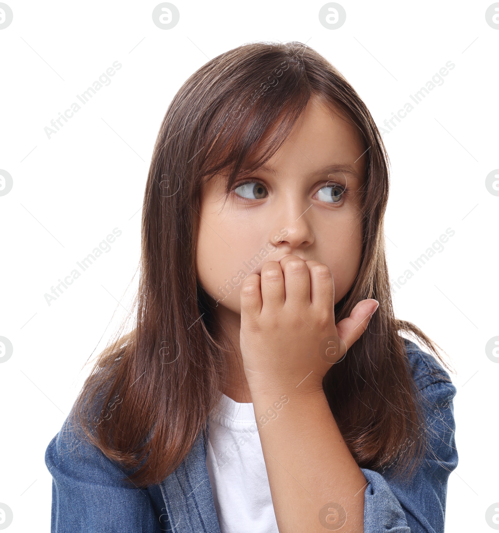 Photo of Portrait of scared little girl on white background