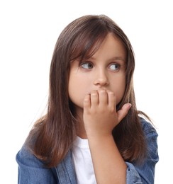 Portrait of scared little girl on white background