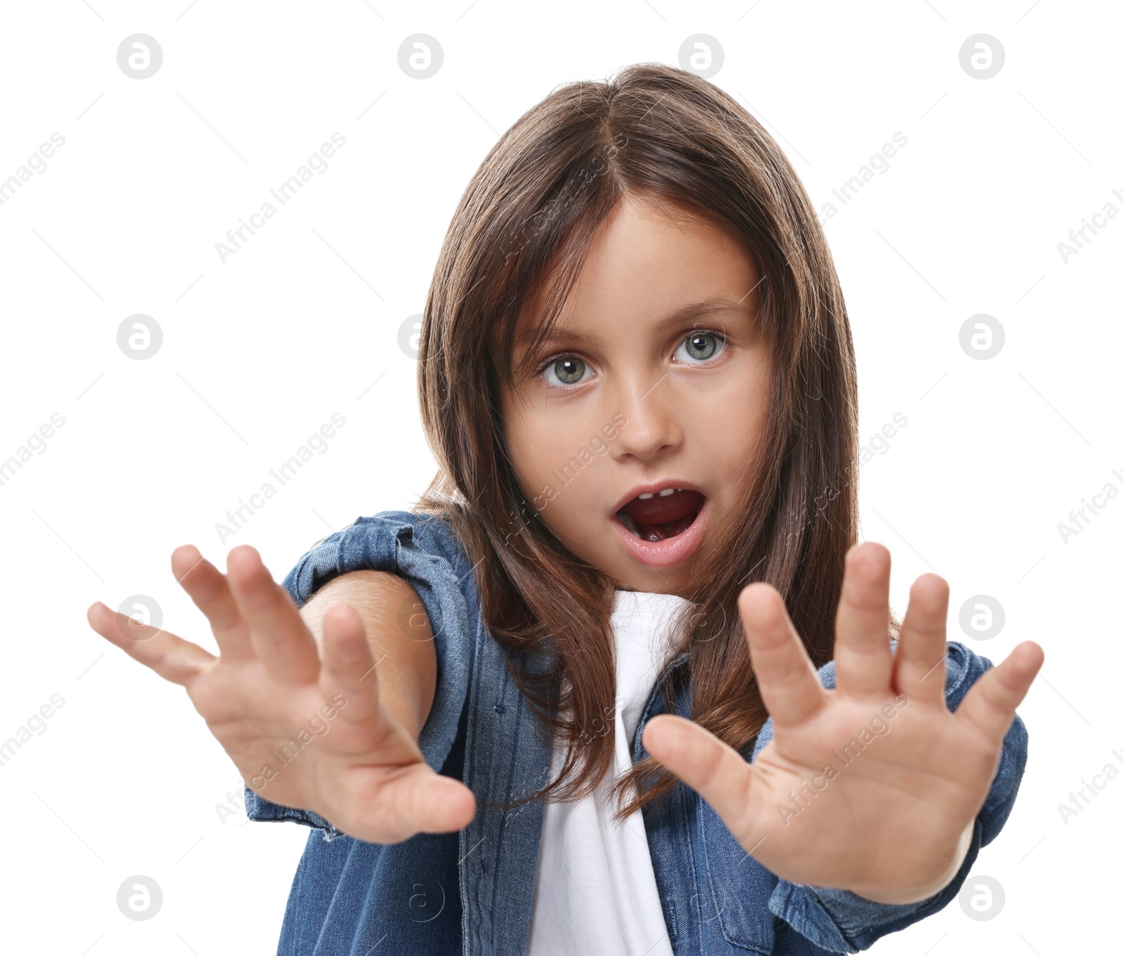 Photo of Portrait of scared little girl on white background