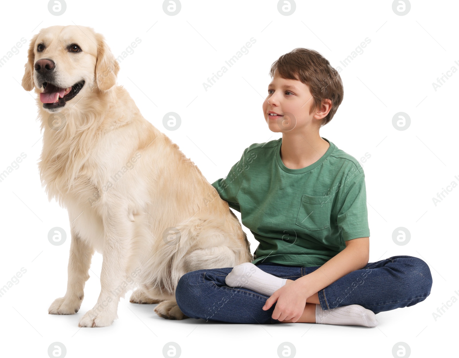 Photo of Boy with his cute dog on white background