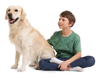 Boy with his cute dog on white background