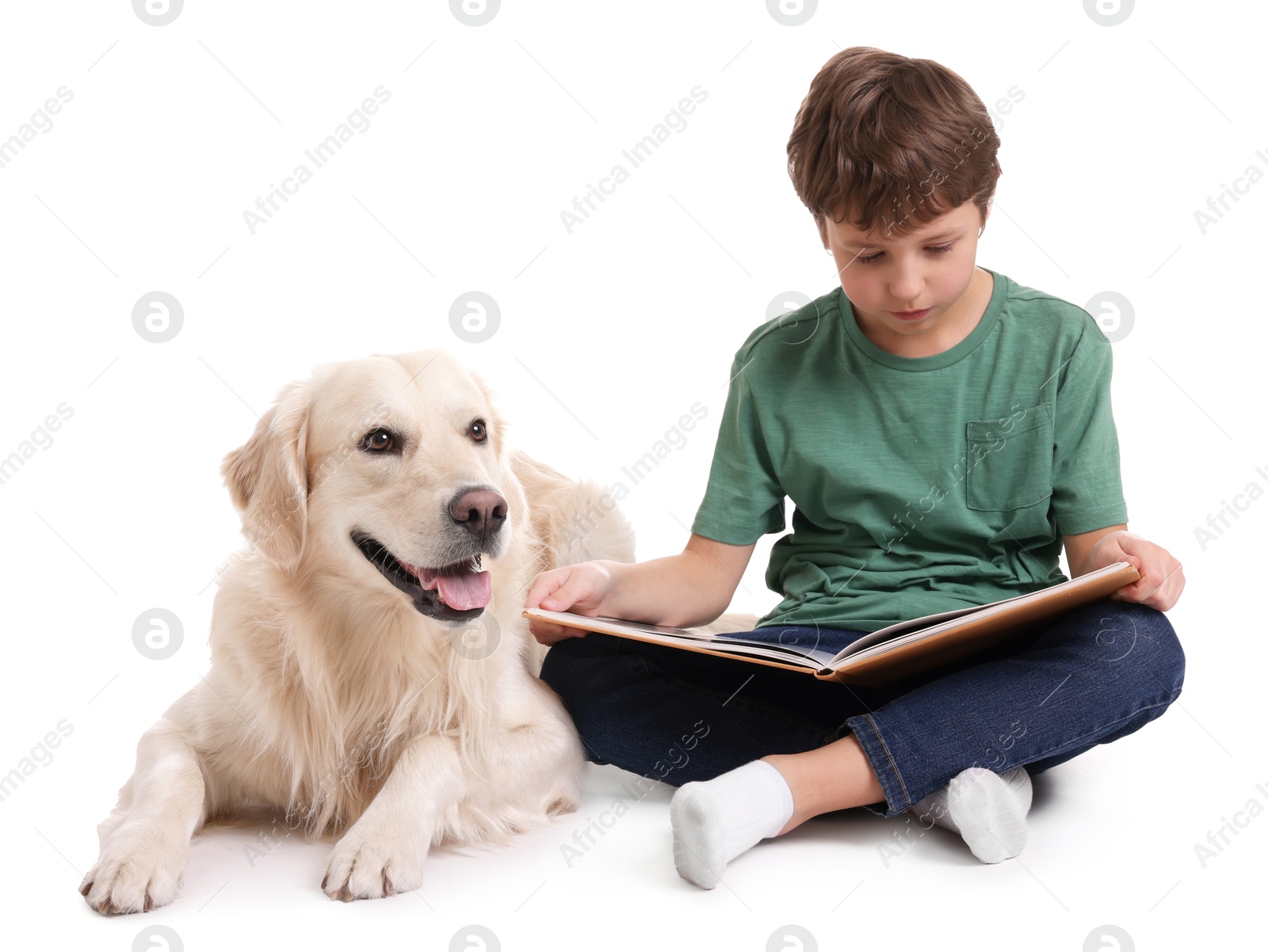 Photo of Boy reading book with his cute dog on white background