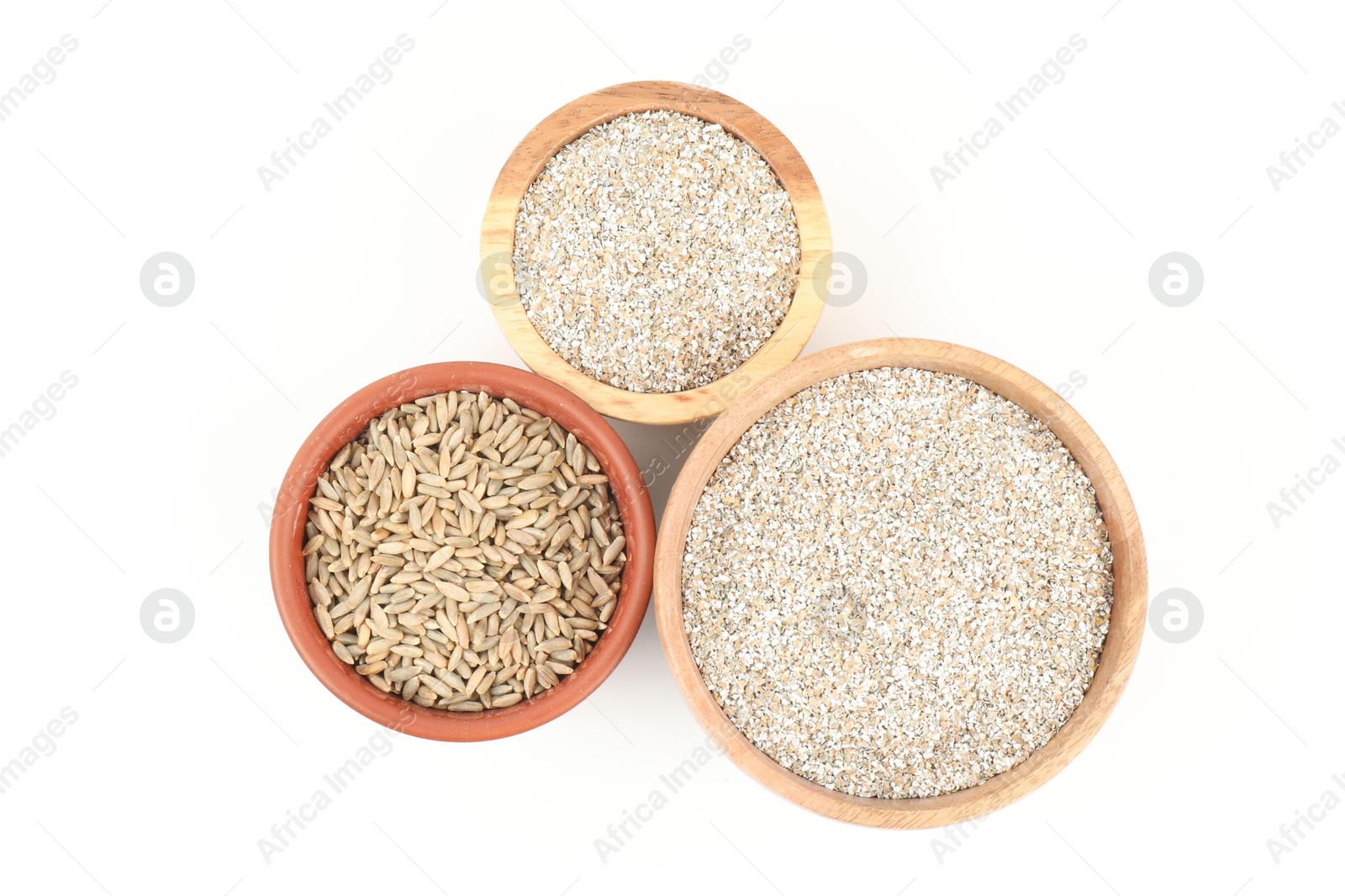 Photo of Rye bran in bowls isolated on white, top view