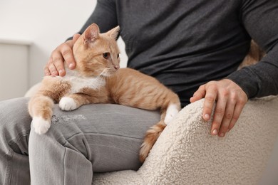 Photo of Man petting cute ginger cat on armchair at home, closeup