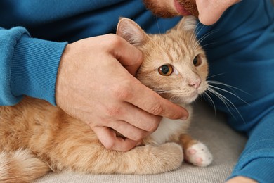 Photo of Man petting cute ginger cat on sofa at home, closeup