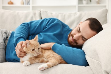 Man petting cute ginger cat on sofa at home