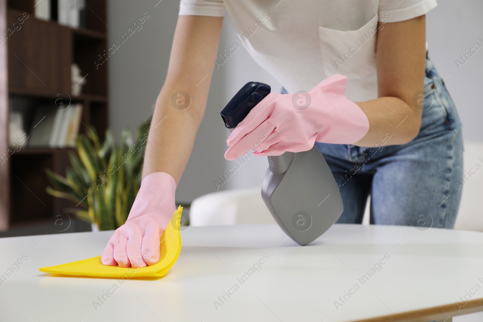 Photo of Young woman cleaning table with rag and spray in office, closeup