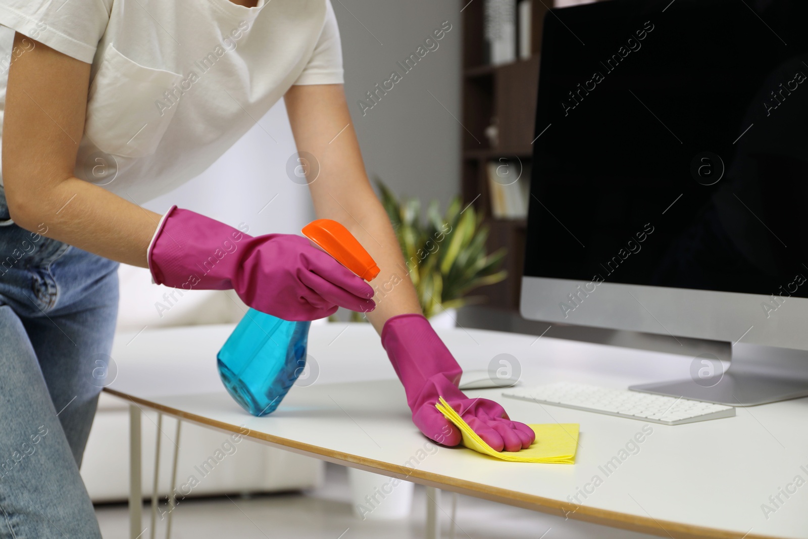 Photo of Young woman cleaning table with rag and spray in office, closeup