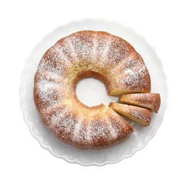 Photo of Freshly baked sponge cake isolated on white, top view