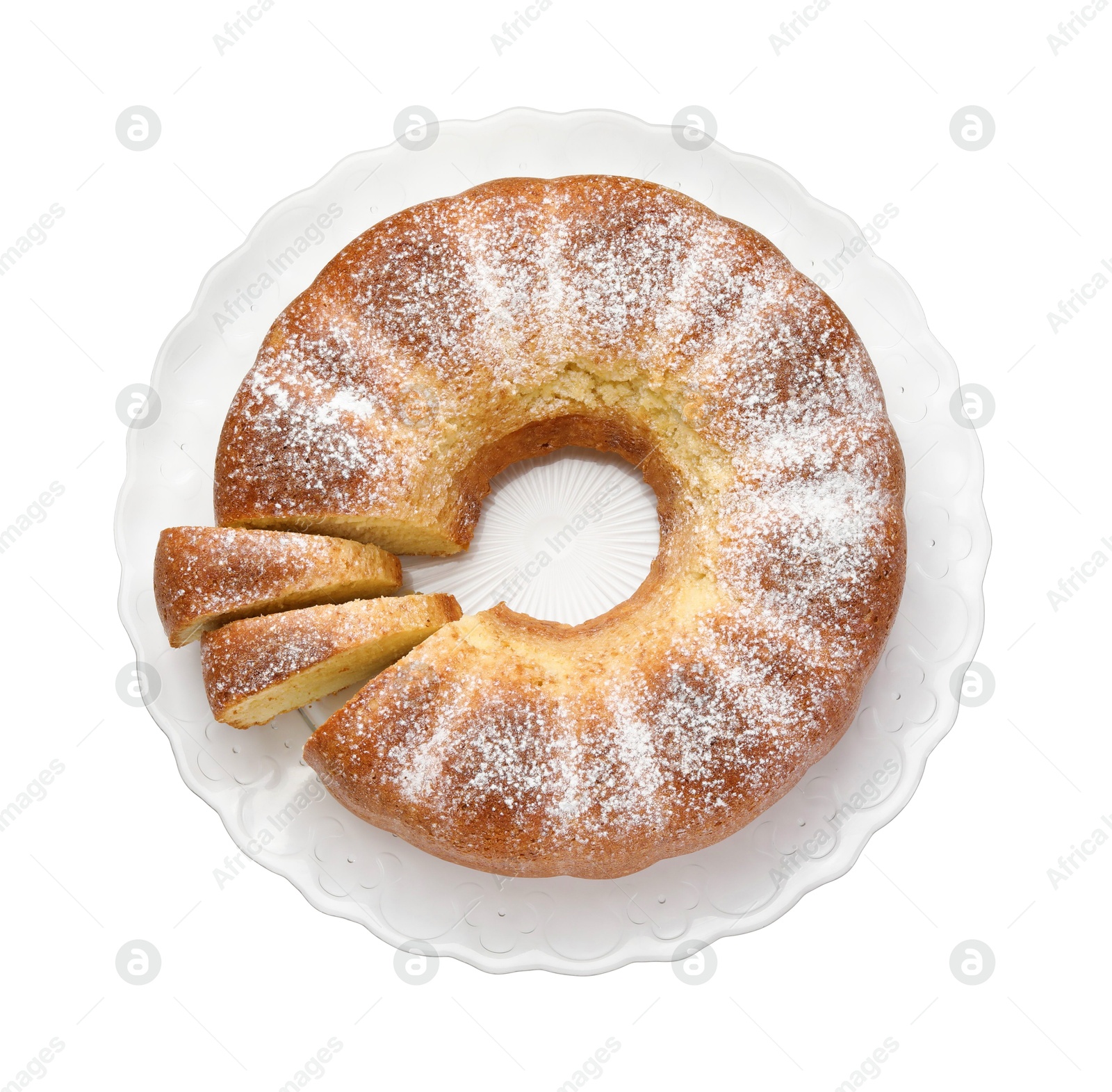 Photo of Freshly baked sponge cake isolated on white, top view