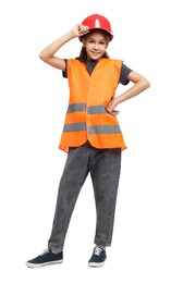 Photo of Girl with hardhat and vest pretending to be firefighter on white background. Dreaming of future profession