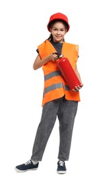 Photo of Girl with hardhat, fire extinguisher and vest pretending to be firefighter on white background. Dreaming of future profession