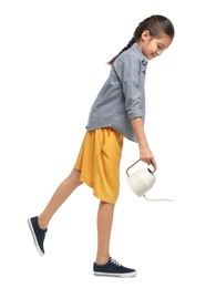 Girl with watering can pretending to be gardener on white background. Dreaming of future profession