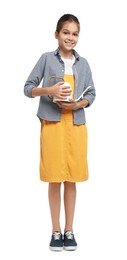 Photo of Girl with watering can pretending to be gardener on white background. Dreaming of future profession