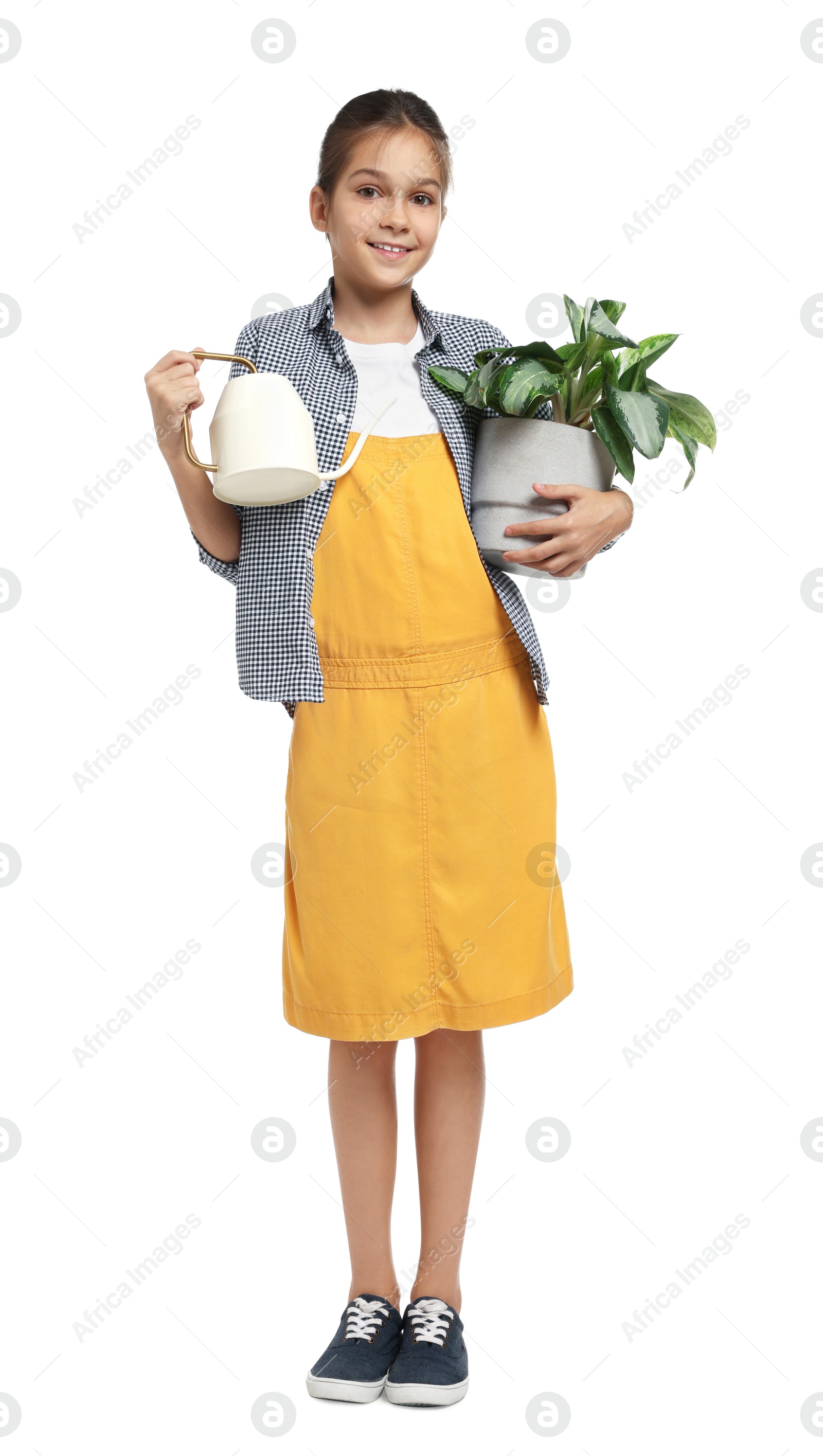 Photo of Girl with watering can and potted plant pretending to be gardener on white background. Dreaming of future profession