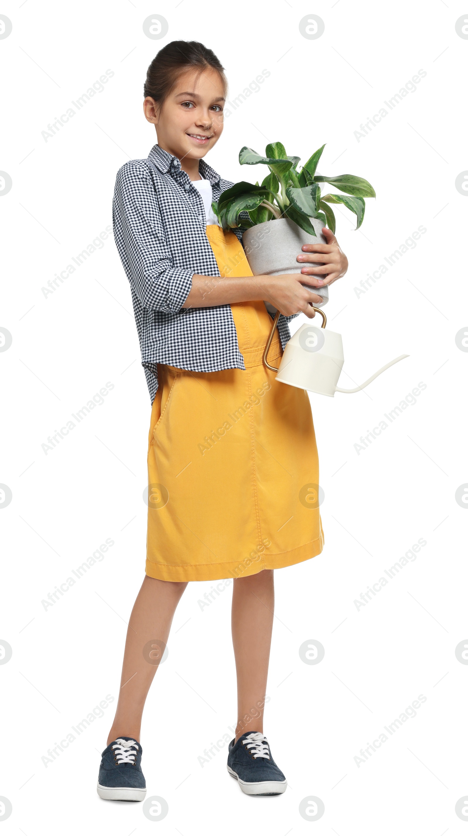 Photo of Girl with watering can and potted plant pretending to be gardener on white background. Dreaming of future profession