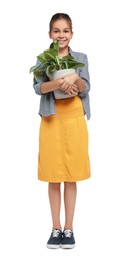 Photo of Girl with potted plant pretending to be gardener on white background. Dreaming of future profession