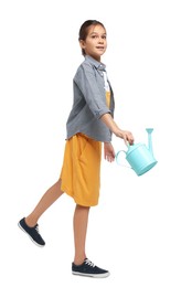 Photo of Girl with watering can pretending to be gardener on white background. Dreaming of future profession